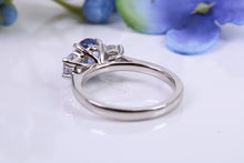 Load image into Gallery viewer, Blue and White Sapphire Platinum Trilogy Ring, One carat Natural Sapphire and 0.60ct White Sapphire, British Hallmarked