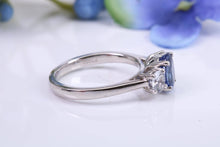 Load image into Gallery viewer, Blue and White Sapphire Platinum Trilogy Ring, One carat Natural Sapphire and 0.60ct White Sapphire, British Hallmarked