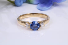 Load image into Gallery viewer, One carat Beautiful Cornflower Blue Sapphire and Diamonds set 18ct Yellow Gold Trilogy Ring