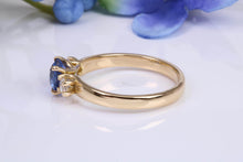 Load image into Gallery viewer, One carat Beautiful Cornflower Blue Sapphire and Diamonds set 18ct Yellow Gold Trilogy Ring