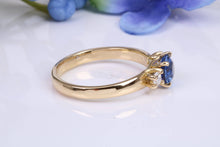 Load image into Gallery viewer, One carat Beautiful Cornflower Blue Sapphire and Diamonds set 18ct Yellow Gold Trilogy Ring