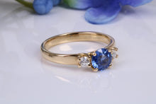 Load image into Gallery viewer, One carat Beautiful Cornflower Blue Sapphire and Diamonds set 18ct Yellow Gold Trilogy Ring