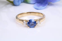 Load image into Gallery viewer, One carat Beautiful Cornflower Blue Sapphire and Diamonds set 18ct Yellow Gold Trilogy Ring