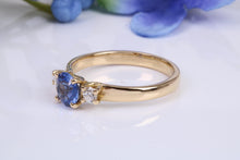 Load image into Gallery viewer, One carat Beautiful Cornflower Blue Sapphire and Diamonds set 18ct Yellow Gold Trilogy Ring