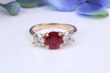 Load image into Gallery viewer, Stunning Ruby and Diamond Trilogy set Gold Ring, 1.77ct Ruby, 1.00ct D VVS1 Graded Diamonds, British Hallmarked
