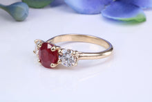 Load image into Gallery viewer, Stunning Ruby and Diamond Trilogy set Gold Ring, 1.77ct Ruby, 1.00ct D VVS1 Graded Diamonds, British Hallmarked