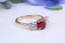 Load image into Gallery viewer, Stunning Ruby and Diamond Trilogy set Gold Ring, 1.77ct Ruby, 1.00ct D VVS1 Graded Diamonds, British Hallmarked