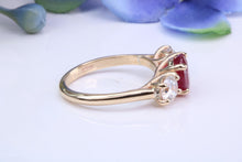 Load image into Gallery viewer, Stunning Ruby and Diamond Trilogy set Gold Ring, 1.77ct Ruby, 1.00ct D VVS1 Graded Diamonds, British Hallmarked