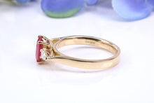 Load image into Gallery viewer, Natural 1ct Ruby and 0.25ct Natural Teardrop cut Diamond Trilogy set 18ct Yellow Gold Ring, British Hallmarked