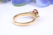 Load image into Gallery viewer, Natural 1ct Ruby and 0.25ct Natural Teardrop cut Diamond Trilogy set 18ct Yellow Gold Ring, British Hallmarked