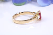 Load image into Gallery viewer, Natural 1ct Ruby and 0.25ct Natural Teardrop cut Diamond Trilogy set 18ct Yellow Gold Ring, British Hallmarked