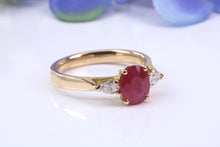 Load image into Gallery viewer, Natural 1ct Ruby and 0.25ct Natural Teardrop cut Diamond Trilogy set 18ct Yellow Gold Ring, British Hallmarked