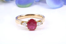 Load image into Gallery viewer, Natural 1ct Ruby and 0.25ct Natural Teardrop cut Diamond Trilogy set 18ct Yellow Gold Ring, British Hallmarked