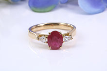 Load image into Gallery viewer, Natural 1ct Ruby and 0.25ct Natural Teardrop cut Diamond Trilogy set 18ct Yellow Gold Ring, British Hallmarked