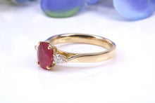 Load image into Gallery viewer, Natural 1ct Ruby and 0.25ct Natural Teardrop cut Diamond Trilogy set 18ct Yellow Gold Ring, British Hallmarked