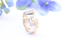 Load image into Gallery viewer, 8 mm Wide Two Section Jigsaw Puzzle Ring, Natural Diamonds set, Made from Solid Cast White and Yellow Gold