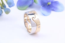 Load image into Gallery viewer, 8 mm Wide Two Section Jigsaw Puzzle Ring, Natural Diamonds set, Made from Solid Cast White and Yellow Gold