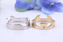 Load image into Gallery viewer, 8 mm Wide Two Section Jigsaw Puzzle Ring, Natural Diamonds set, Made from Solid Cast White and Yellow Gold