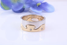 Load image into Gallery viewer, 8 mm Wide Two Section Jigsaw Puzzle Ring, Natural Diamonds set, Made from Solid Cast White and Yellow Gold