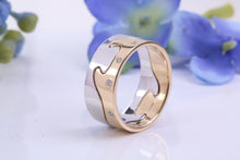 Load image into Gallery viewer, 8 mm Wide Two Section Jigsaw Puzzle Ring, Natural Diamonds set, Made from Solid Cast White and Yellow Gold