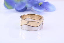 Load image into Gallery viewer, 8 mm Wide Two Section Jigsaw Puzzle Ring, Natural Diamonds set, Made from Solid Cast White and Yellow Gold