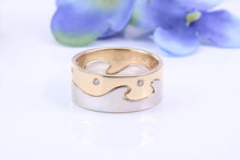Load image into Gallery viewer, 8 mm Wide Two Section Jigsaw Puzzle Ring, Natural Diamonds set, Made from Solid Cast White and Yellow Gold