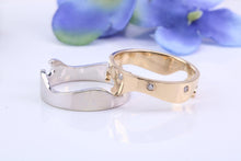 Load image into Gallery viewer, 8 mm Wide Two Section Jigsaw Puzzle Ring, Natural Diamonds set, Made from Solid Cast White and Yellow Gold