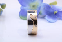 Load image into Gallery viewer, 8 mm Wide Two Section Jigsaw Puzzle Ring, Natural Diamonds set, Made from Solid Cast White and Yellow Gold