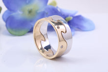 Load image into Gallery viewer, 8 mm Wide Two Section Jigsaw Puzzle Ring, Natural Diamonds set, Made from Solid Cast White and Yellow Gold