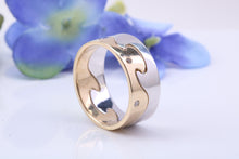 Load image into Gallery viewer, 8 mm Wide Two Section Jigsaw Puzzle Ring, Natural Diamonds set, Made from Solid Cast White and Yellow Gold