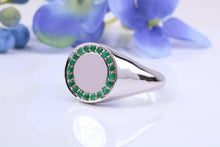 Load image into Gallery viewer, Natural Emeralds set Round Face Signet Ring, Made From Solid Cast Silver, British Hallmarked