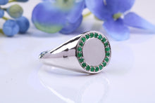 Load image into Gallery viewer, Natural Emeralds set Round Face Signet Ring, Made From Solid Cast Silver, British Hallmarked
