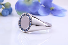 Load image into Gallery viewer, Round Face Natural Blue Sapphires set Heavy and Chunky Signet Ring, Solid Cast Silver