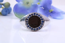 Load image into Gallery viewer, Round Face Natural Blue Sapphires set Heavy and Chunky Signet Ring, Solid Cast Silver