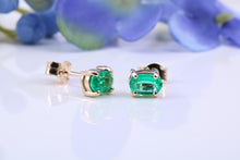 Load image into Gallery viewer, One carat Oval cut Emerald set 18ct Yellow Gold Solitaire Earrings