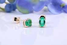 Load image into Gallery viewer, One carat Oval cut Emerald set 18ct Yellow Gold Solitaire Earrings
