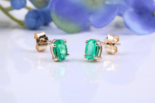 Load image into Gallery viewer, One carat Oval cut Emerald set 18ct Yellow Gold Solitaire Earrings