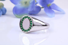Load image into Gallery viewer, Natural Emeralds set Oval Face Signet Ring, Made From Solid Cast Silver, British Hallmarked