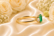 Load image into Gallery viewer, One carat Emerald and Diamond Trilogy Ring set in 18ct Yellow Gold