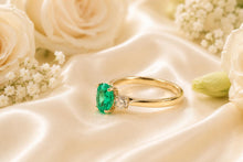 Load image into Gallery viewer, One carat Emerald and Diamond Trilogy Ring set in 18ct Yellow Gold