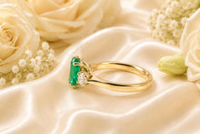 Load image into Gallery viewer, One carat Emerald and Diamond Trilogy Ring set in 18ct Yellow Gold