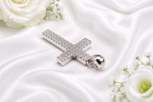 Load image into Gallery viewer, Small Two Rows Diamonds set Cross, Measures 29 mm long, choice of Yellow or White Gold