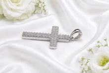Load image into Gallery viewer, Small Two Rows Diamonds set Cross, Measures 29 mm long, choice of Yellow or White Gold