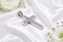 Load image into Gallery viewer, Small Two Rows Diamonds set Cross, Measures 29 mm long, choice of Yellow or White Gold