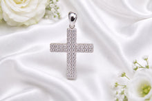 Load image into Gallery viewer, Small Two Rows Diamonds set Cross, Measures 29 mm long, choice of Yellow or White Gold
