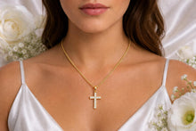 Load image into Gallery viewer, Small Two Rows Diamonds set Cross, Measures 29 mm long, choice of Yellow or White Gold