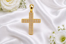 Load image into Gallery viewer, Small Two Rows Diamonds set Cross, Measures 29 mm long, choice of Yellow or White Gold