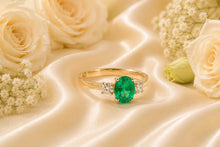 Load image into Gallery viewer, One carat Emerald and Diamond Trilogy Ring set in 18ct Yellow Gold