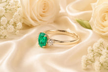 Load image into Gallery viewer, One carat Emerald and Diamond Trilogy Ring set in 18ct Yellow Gold