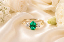 Load image into Gallery viewer, One carat Emerald and Diamond Trilogy Ring set in 18ct Yellow Gold